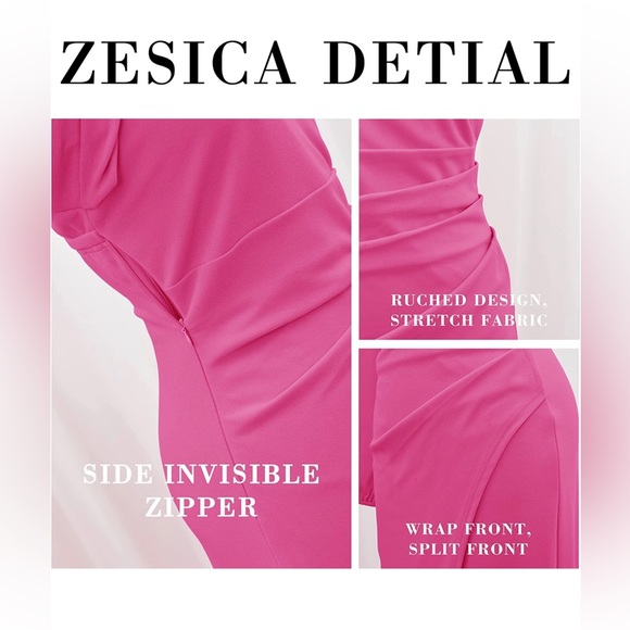 One Shoulder Long Sleeve Sexy High Slit Ruched Bodycon Wedding Party Maxi Dress - Picture 4 of 5